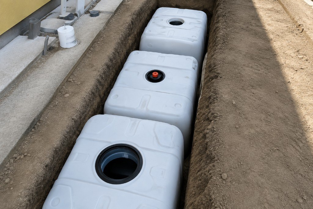 Tři retenční nádrže na dešťovou vodu při instalaci