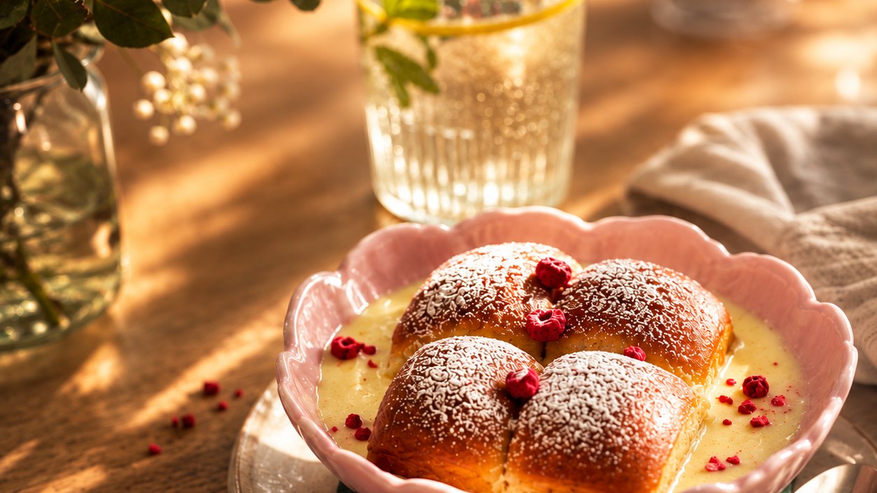 Tvarohové buchty s malinami ve vanilkové omáčce v růžové misce, sklenice limonády