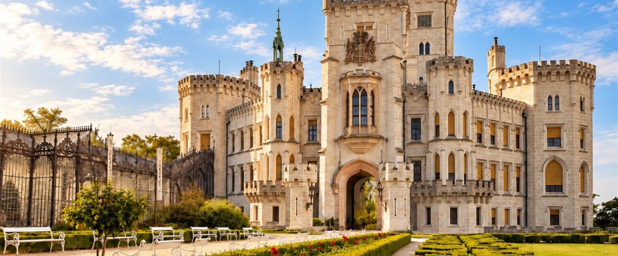 Zámek Hluboká — vstupní portál a cesta mezi živými ploty v podvečerním světle